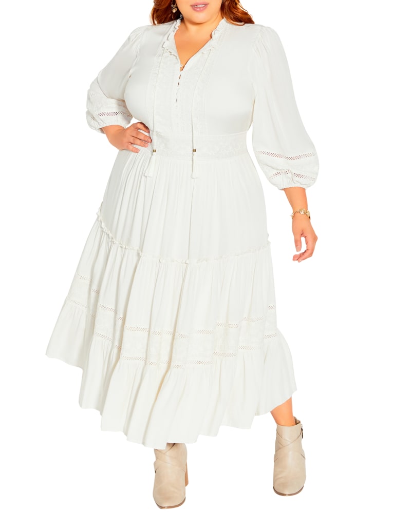 Front of a model wearing a size XS Clara Embroidered Bloom Maxi Dress in Ivory by Starling Reine. | dia_product_style_image_id:214914